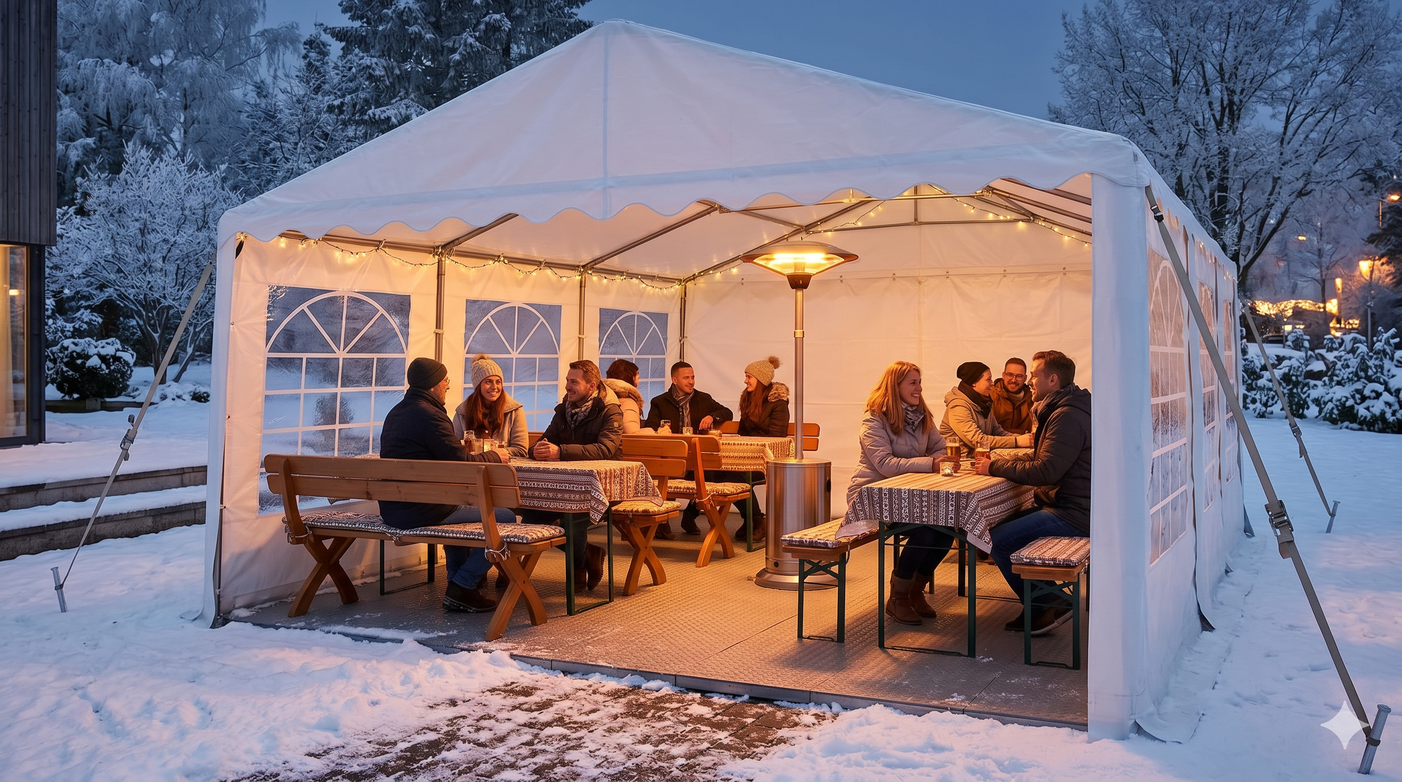 Ein professionell beheiztes, verankertes PVC-Zelt und ein isolierender Boden